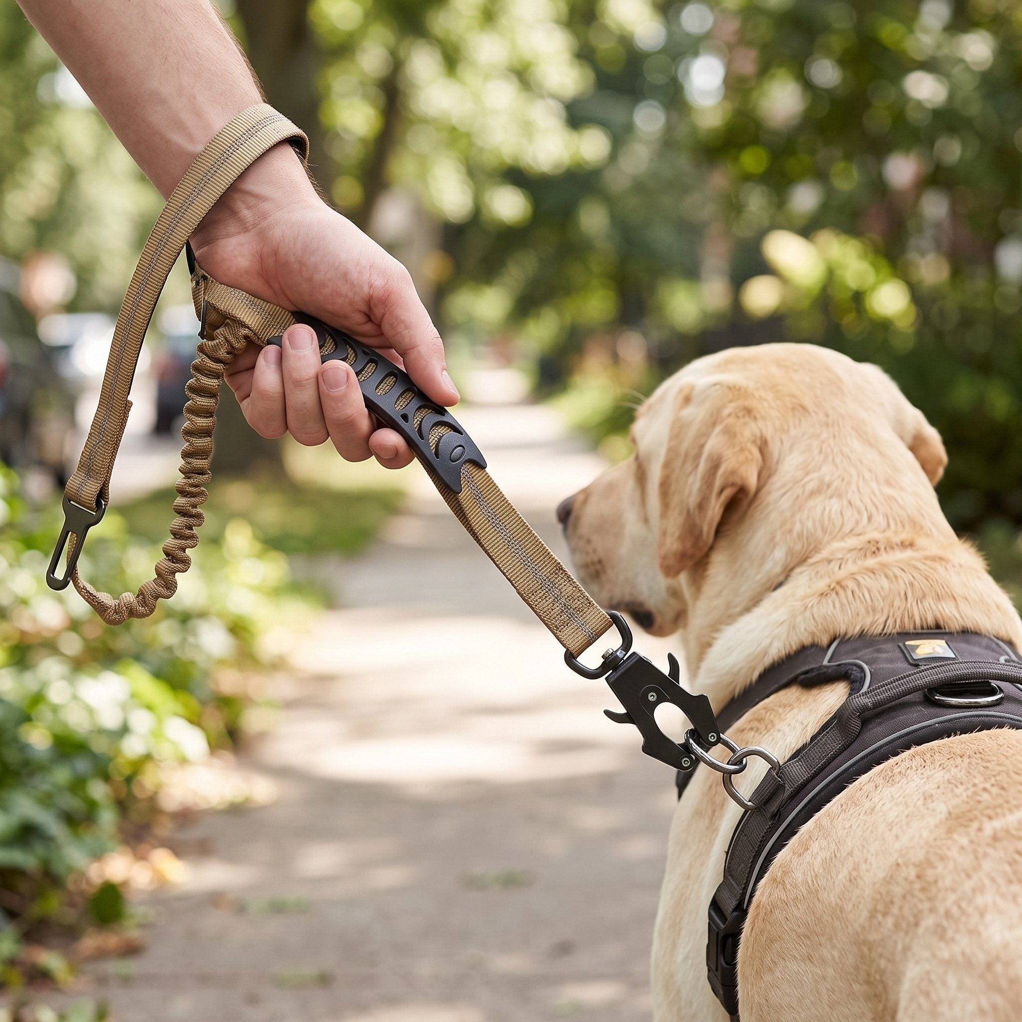 Owner holding a Trailkind leash close beside a dog