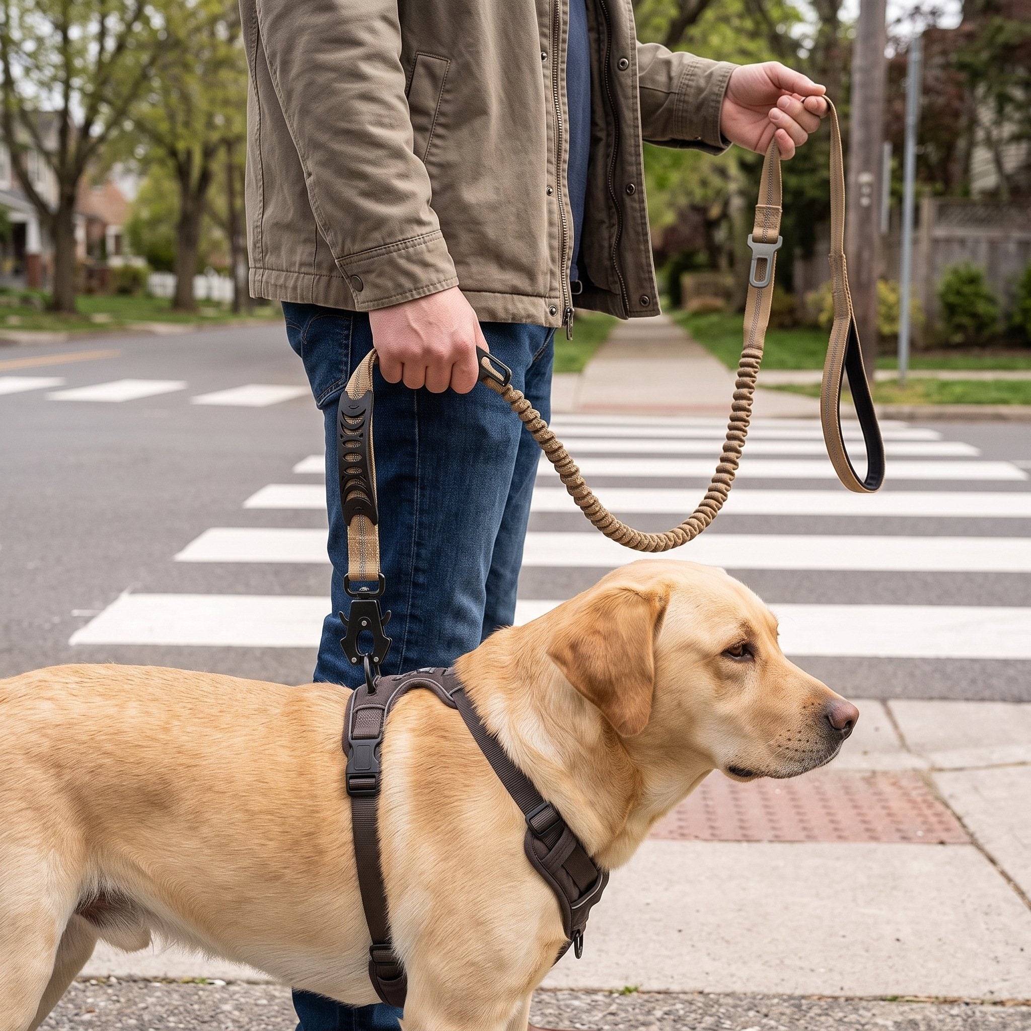 Khaki leash held close at a crossing