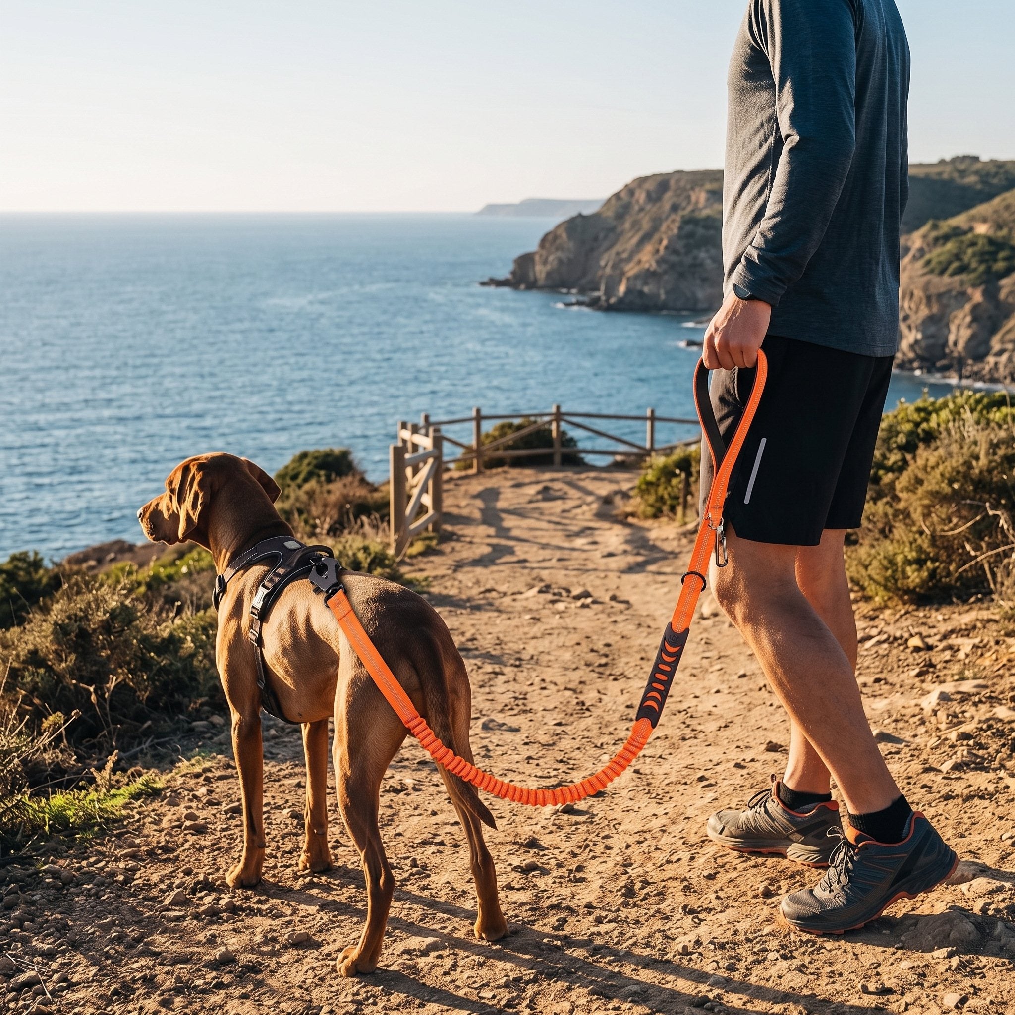 Orange leash at a coastal lookout