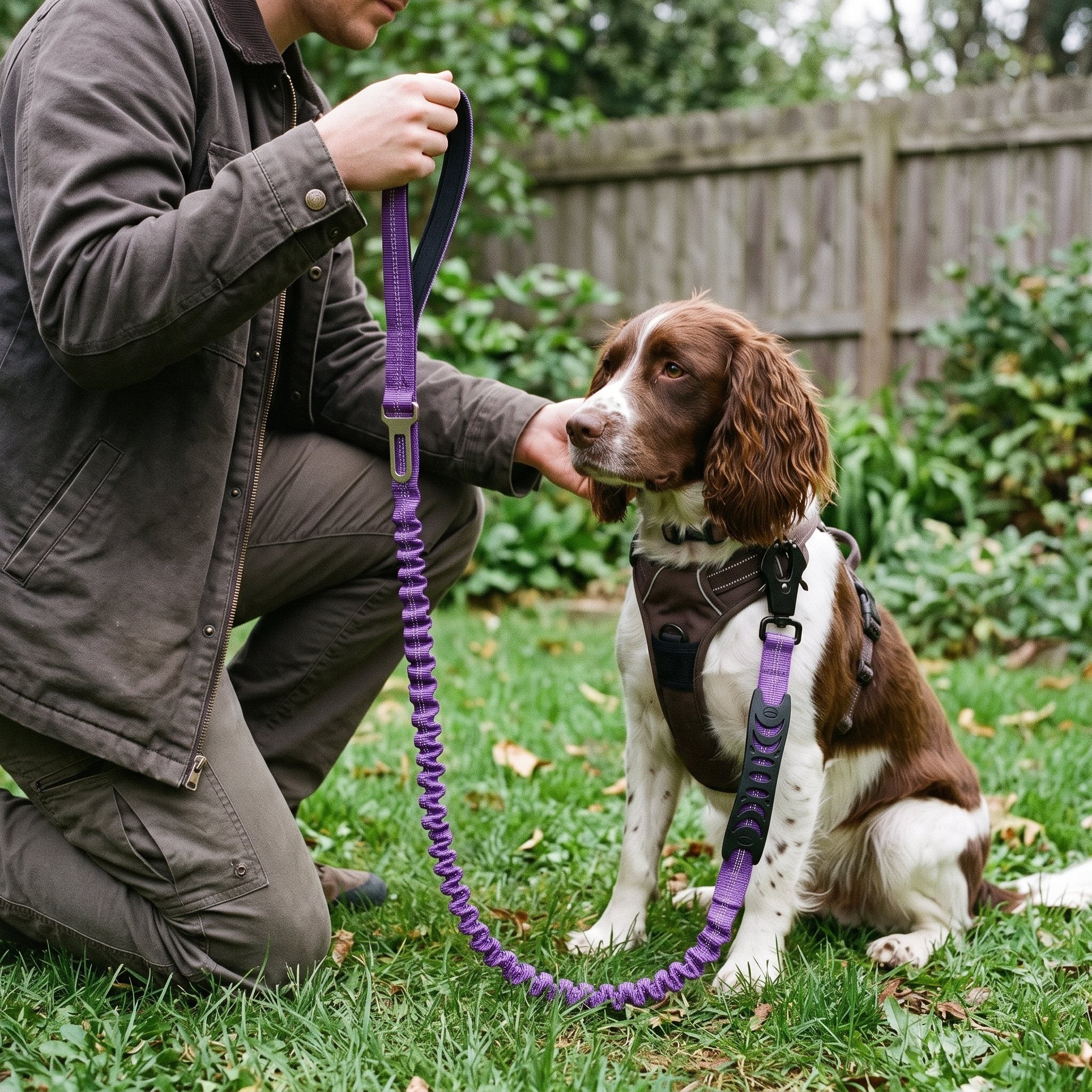 Purple leash shown with a dog for context