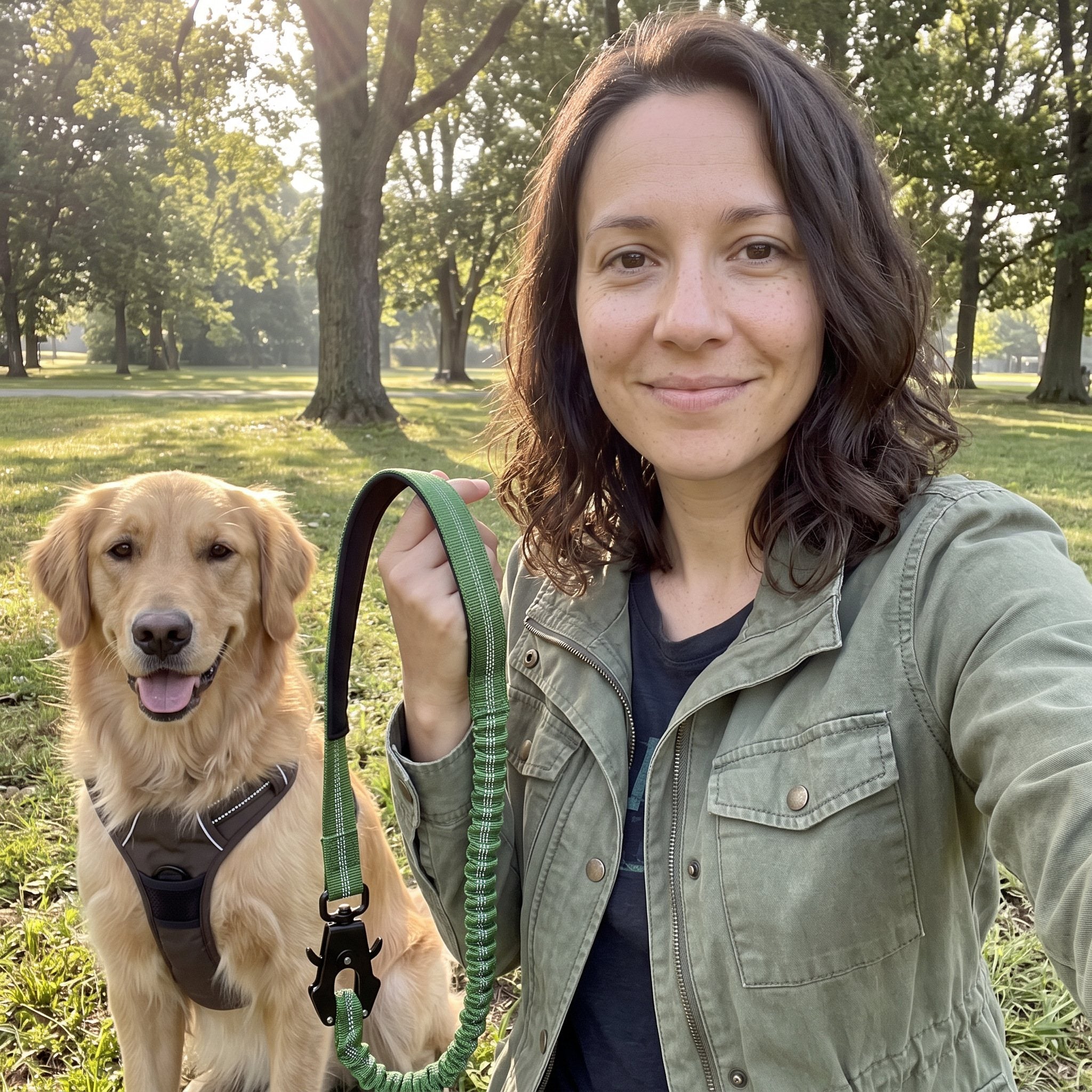 Emma R. with a dog and Trailkind leash outdoors