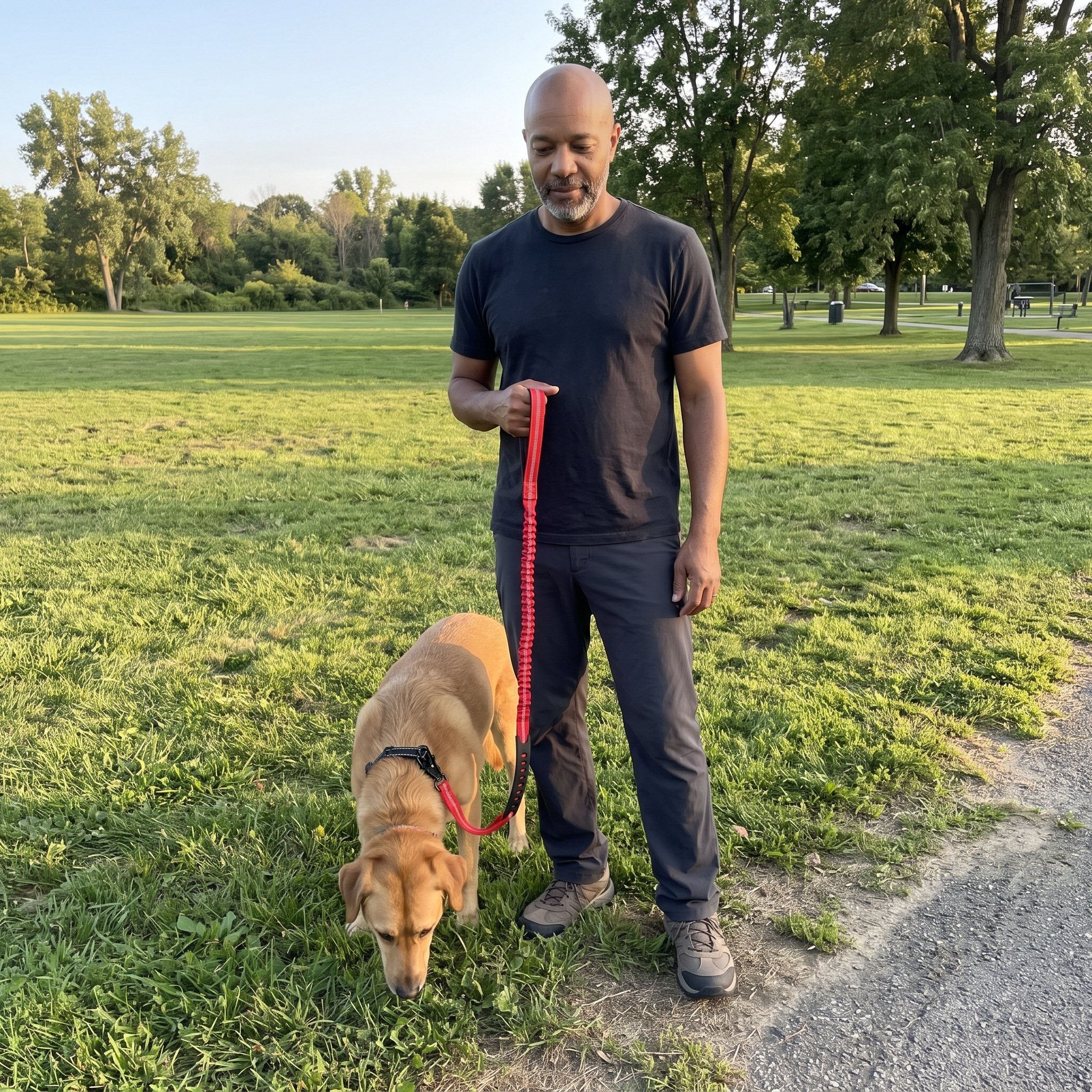 Ben H. with a red leash and calm dog on a grass path